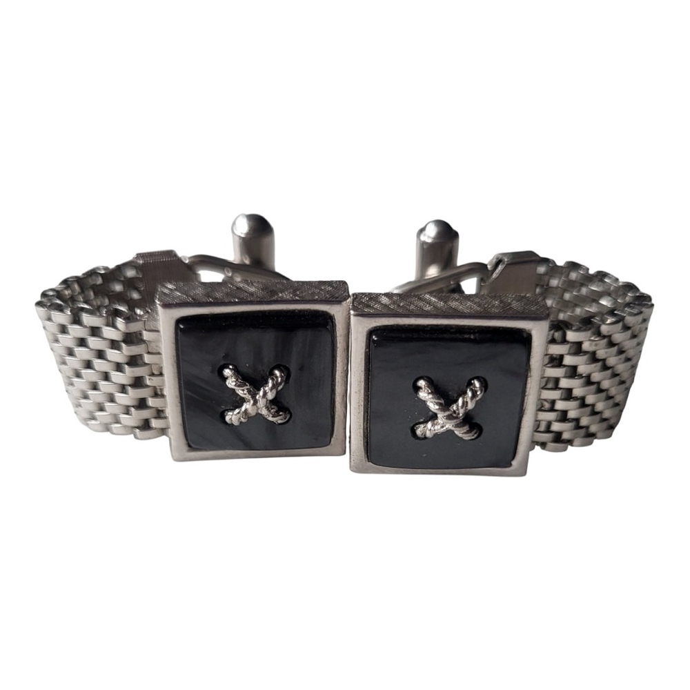 Black Marbled Silver Tone Mesh Chain Cuff Links One Size (11/16 approximate)